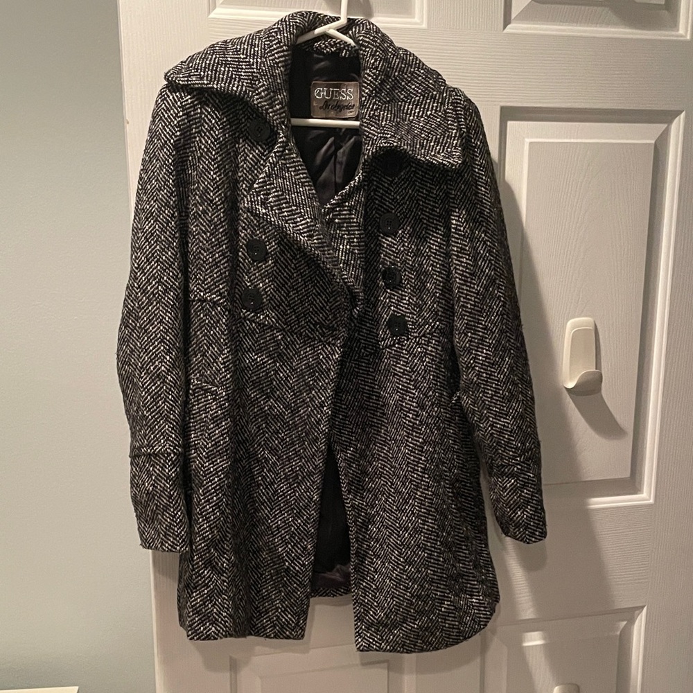GUESS Women's Charcoal Herringbone Pea Coat